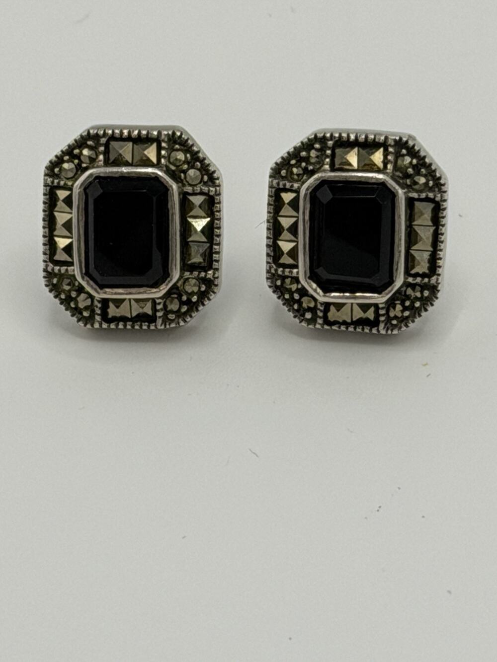 Vintage Designer Judith Jack Black Onyx Marcasite Sterling Silver Earrings